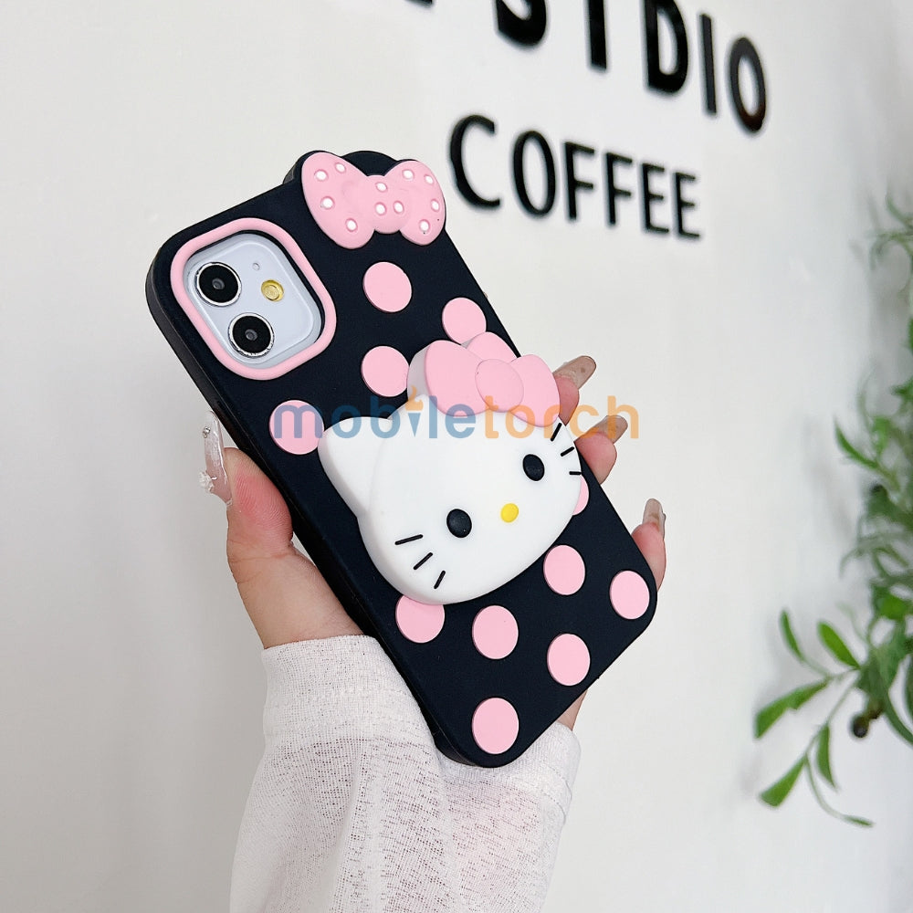 Polka Dot Bow Kitty Stand Silicone Phone Case | Mobile Cover - iPhone 15 Pro Max
