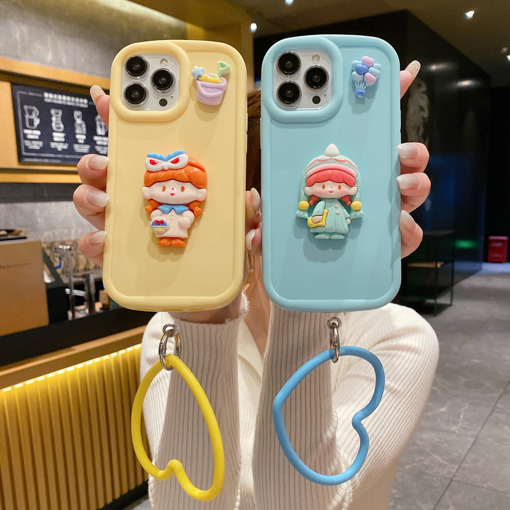 Cute Girl Cartoon 3D Princess Colored TPU (Soft) Phone Case with Heart Shape Bracelet - iPhone 15 Pro Max