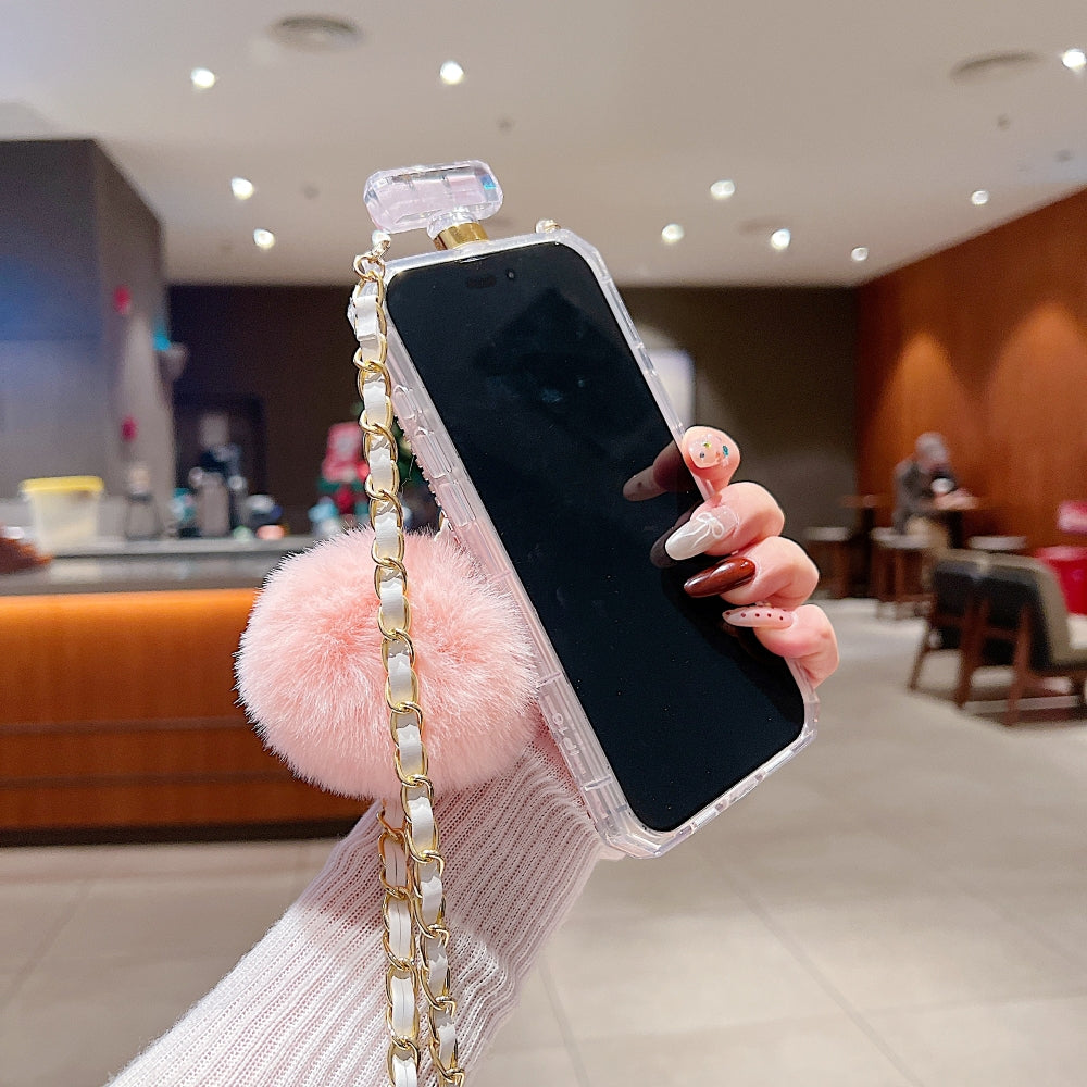 Rehinestone Perfume Bottle Phone Case with Pom Pom Charm and Sling