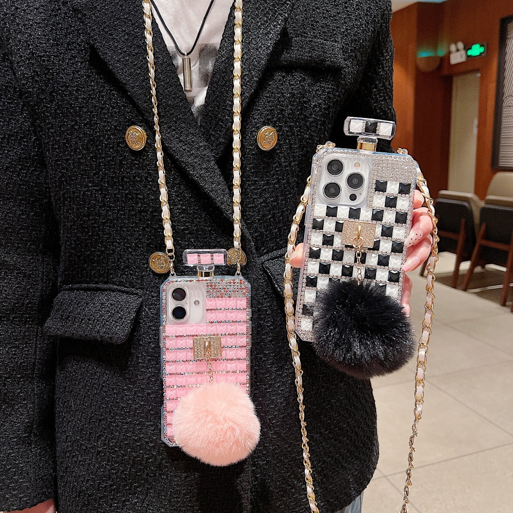 Rehinestone Perfume Bottle Phone Case with Pom Pom Charm and Sling