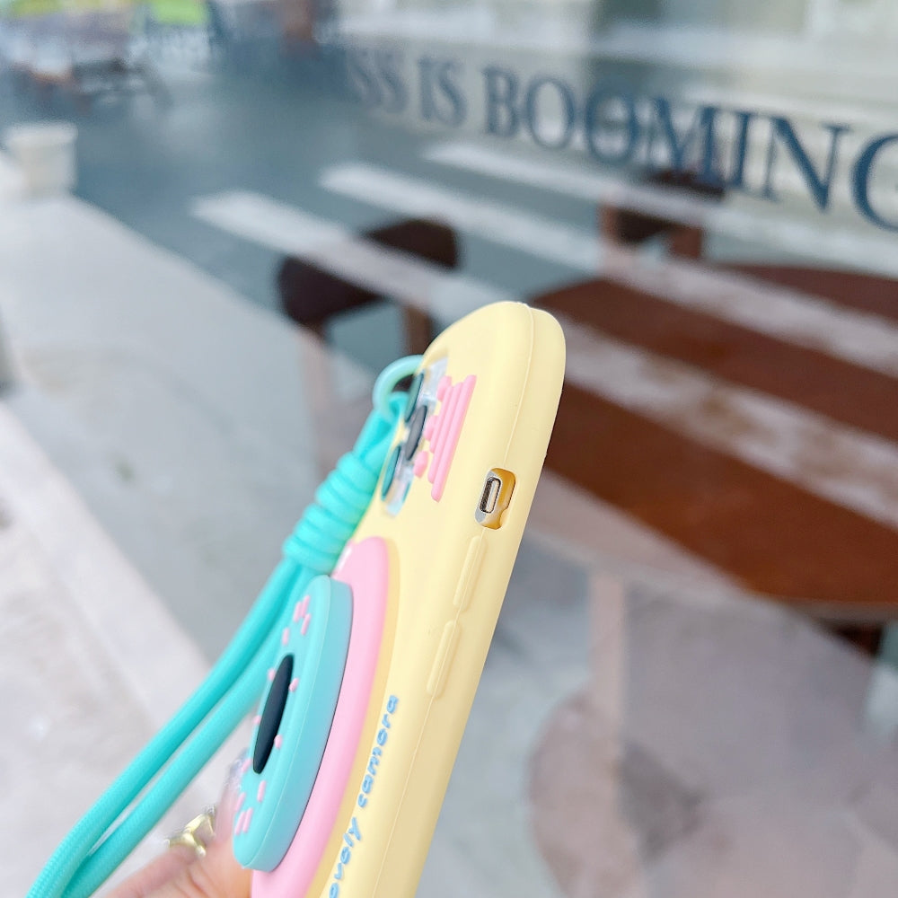 Retro Camera Shape Stand Phone Case With Lanyard Strap