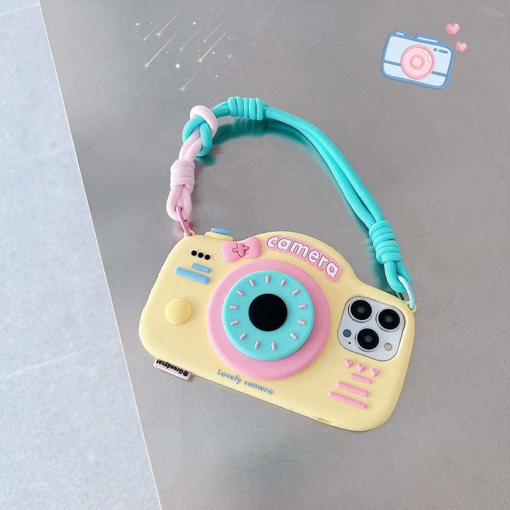 Retro Camera Shape Stand Phone Case With Lanyard Strap