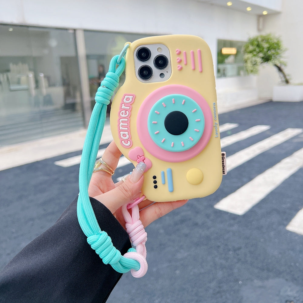 Retro Camera Shape Stand Phone Case With Lanyard Strap