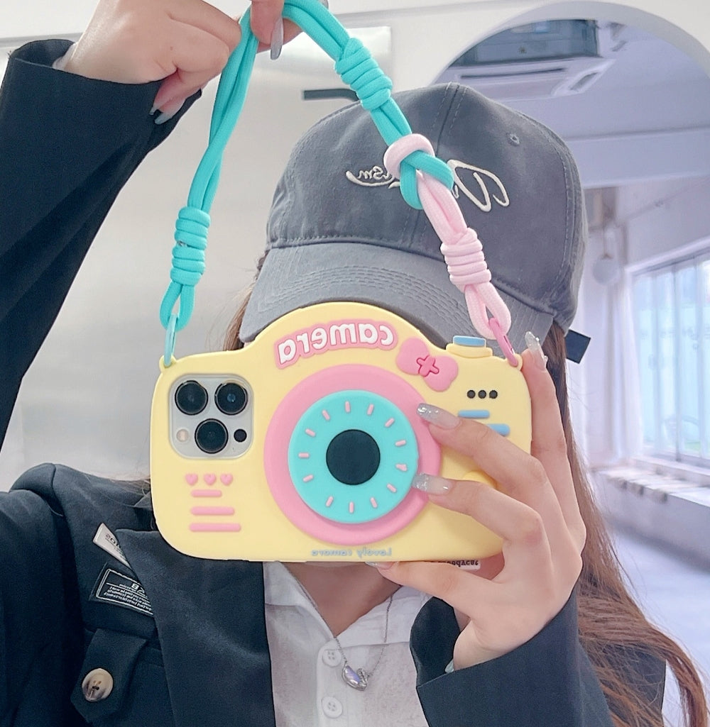 Retro Camera Shape Stand Phone Case With Lanyard Strap