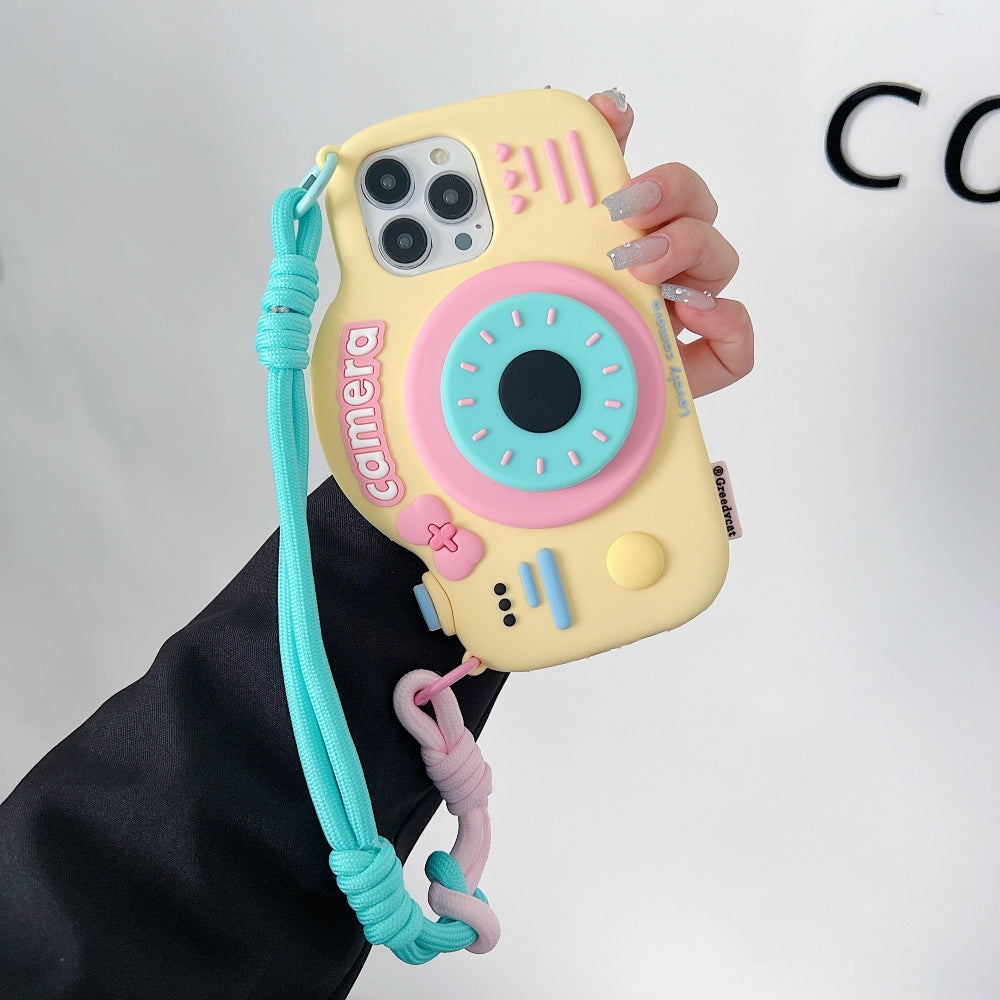Retro Camera Shape Stand Phone Case With Lanyard Strap