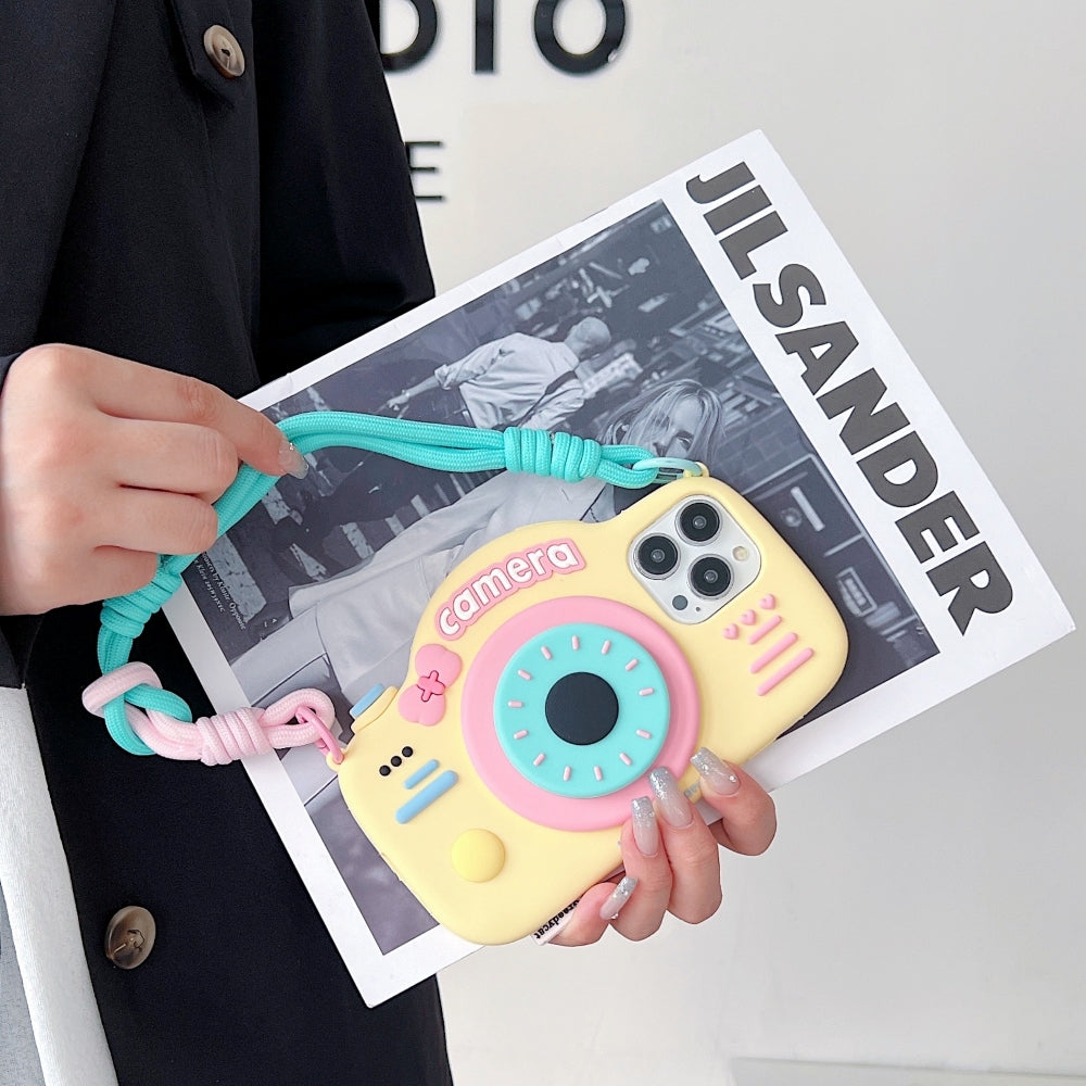 Retro Camera Shape Stand Phone Case With Lanyard Strap