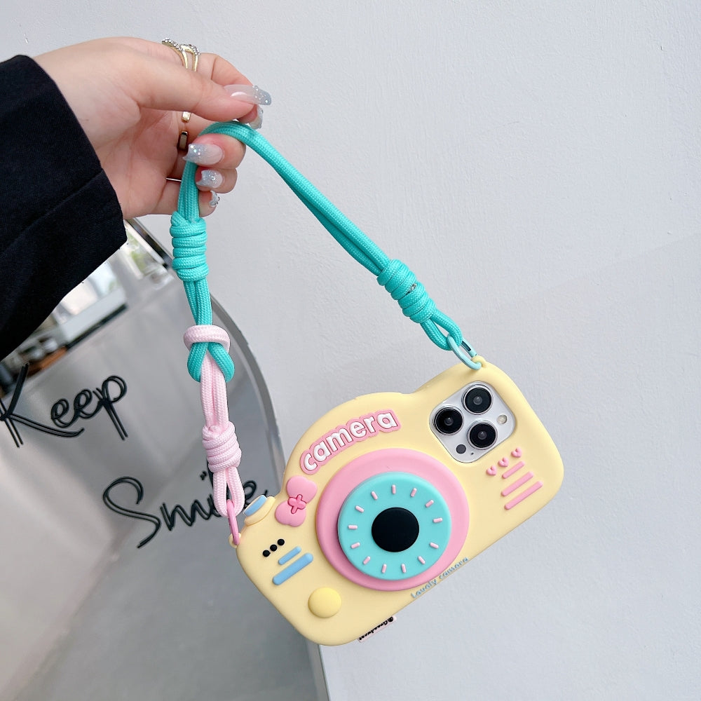 Retro Camera Shape Stand Phone Case With Lanyard Strap