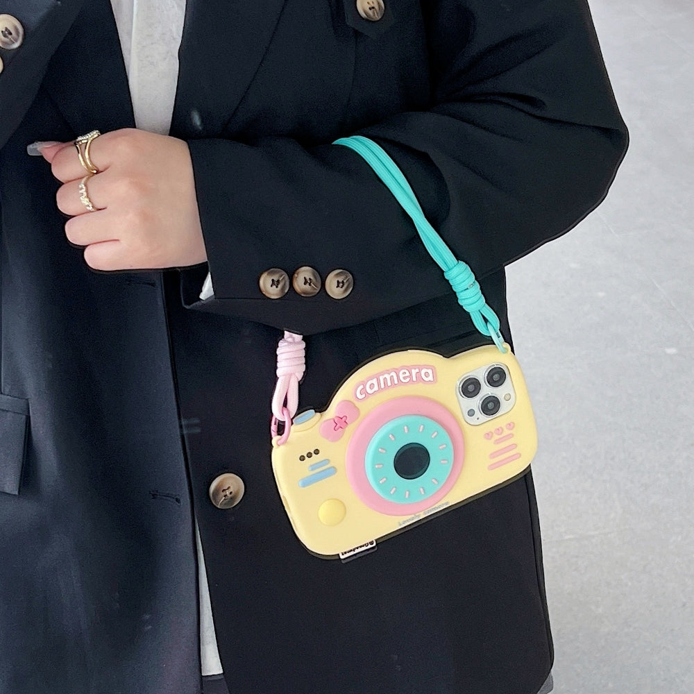 Retro Camera Shape Stand Phone Case With Lanyard Strap