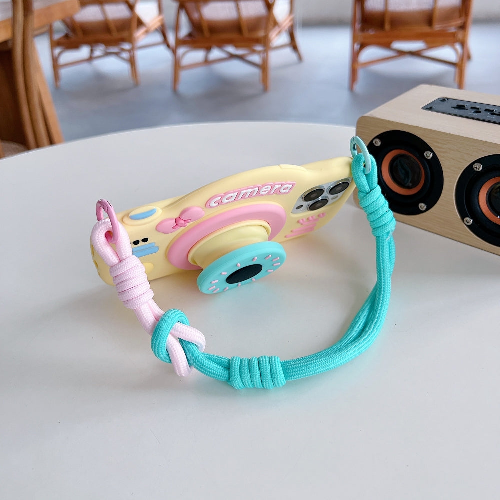 Retro Camera Shape Stand Phone Case With Lanyard Strap