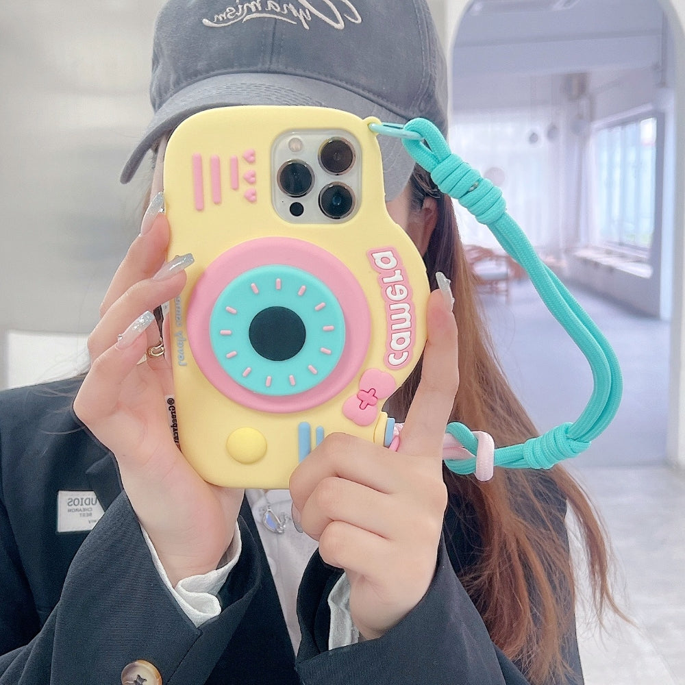 Retro Camera Shape Stand Phone Case With Lanyard Strap