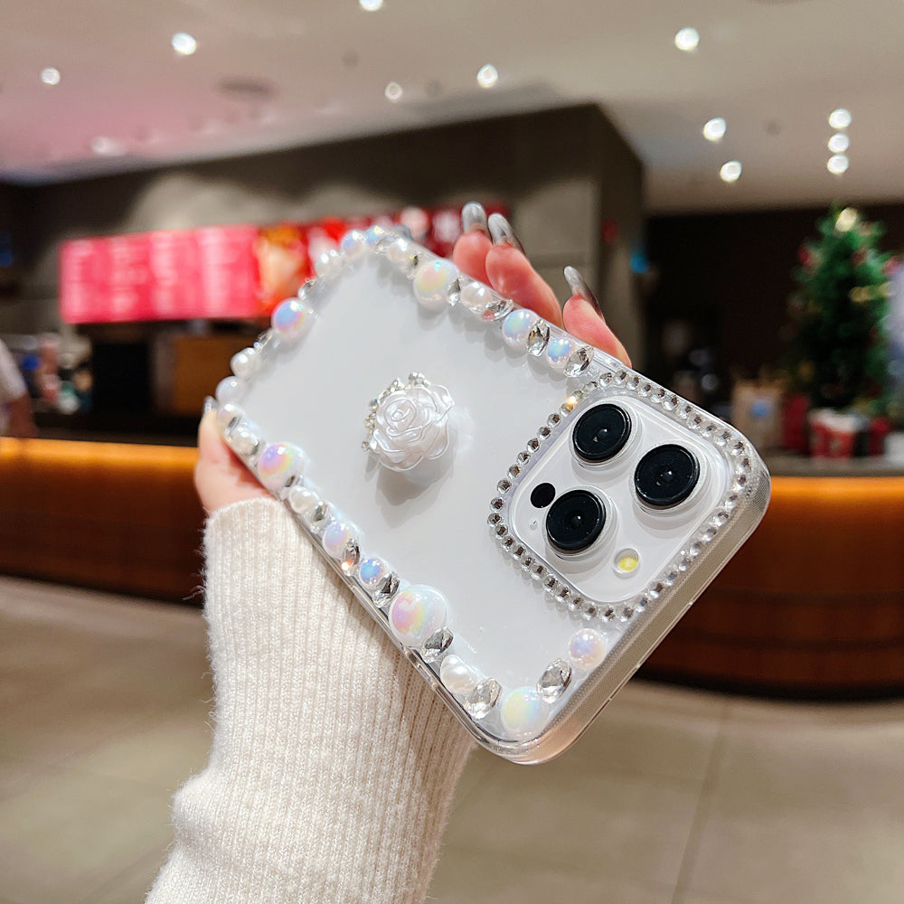 Rose Flower Bling Diamond and Pearl Border Transparent Phone Case