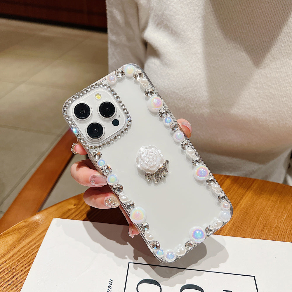 Rose Flower Bling Diamond and Pearl Border Transparent Phone Case