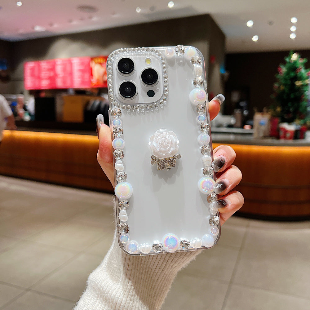 Rose Flower Bling Diamond and Pearl Border Transparent Phone Case