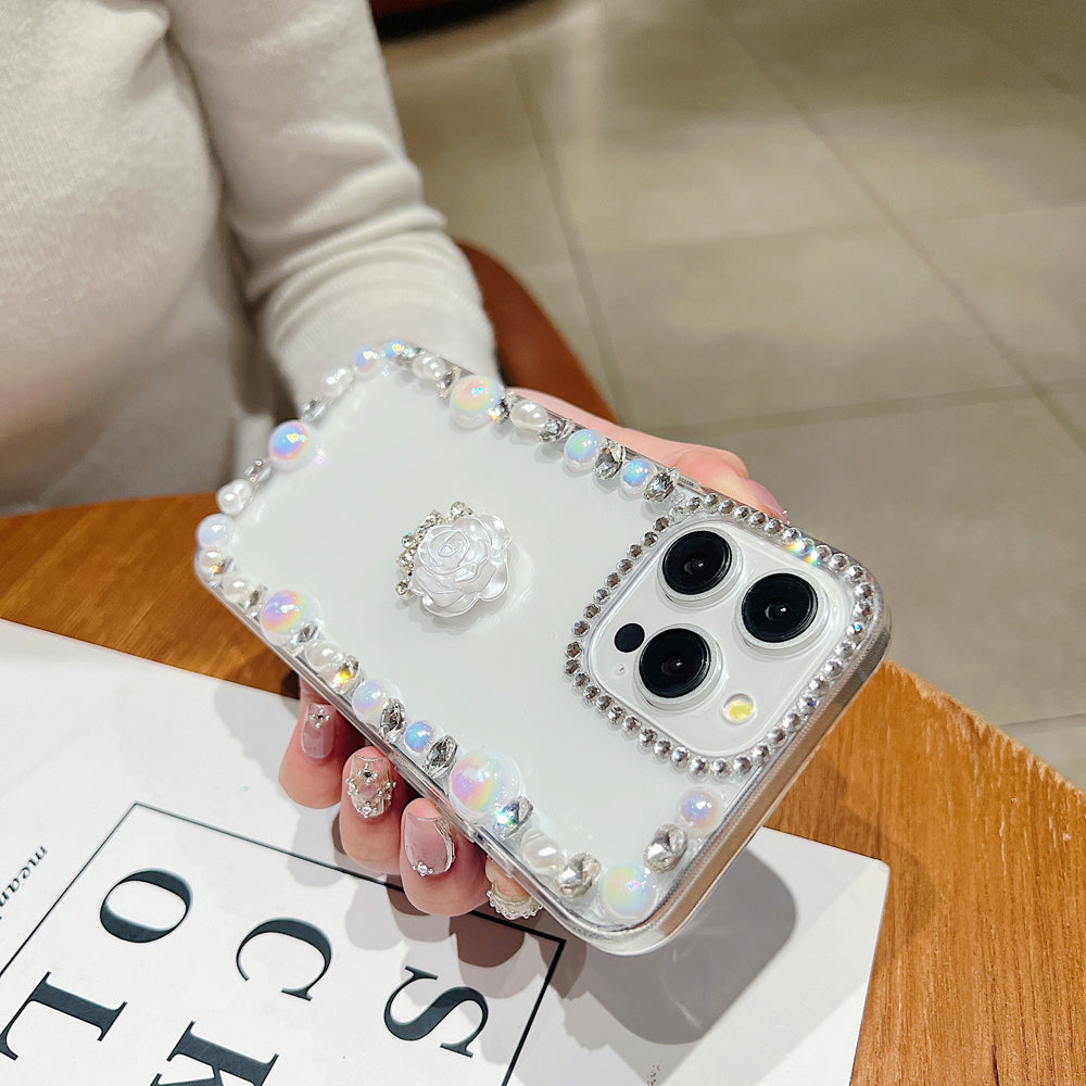 Rose Flower Bling Diamond and Pearl Border Transparent Phone Case - iPhone 15 Plus