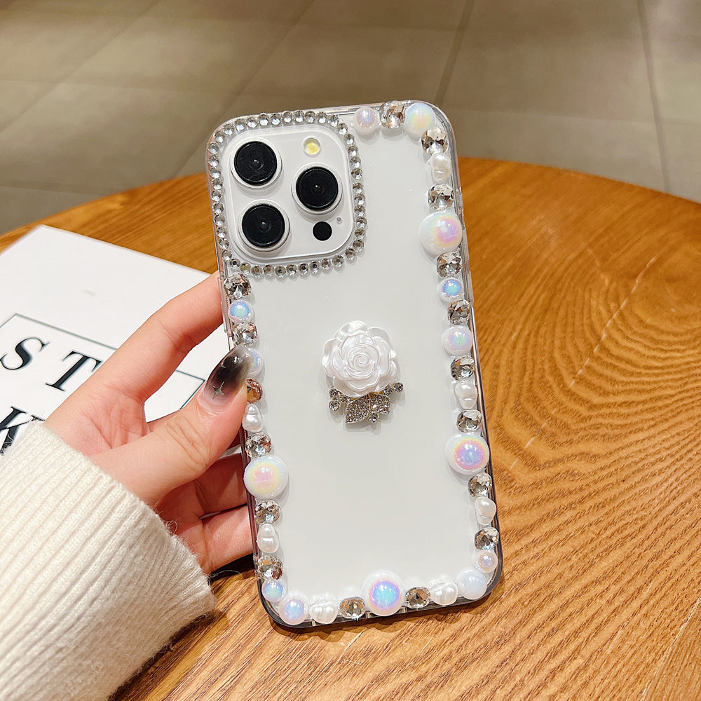 Rose Flower Bling Diamond and Pearl Border Transparent Phone Case - iPhone 15 Pro Max