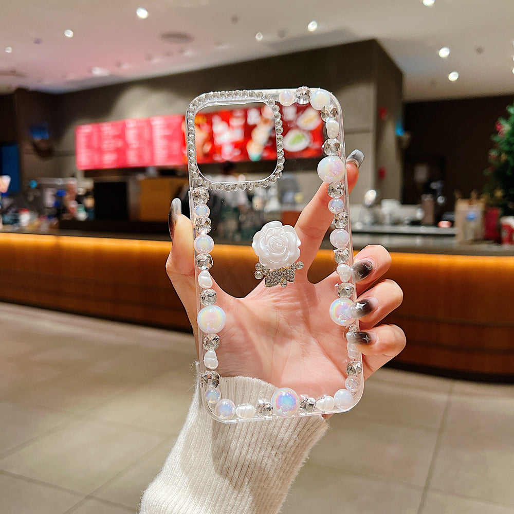 Rose Flower Bling Diamond and Pearl Border Transparent Phone Case