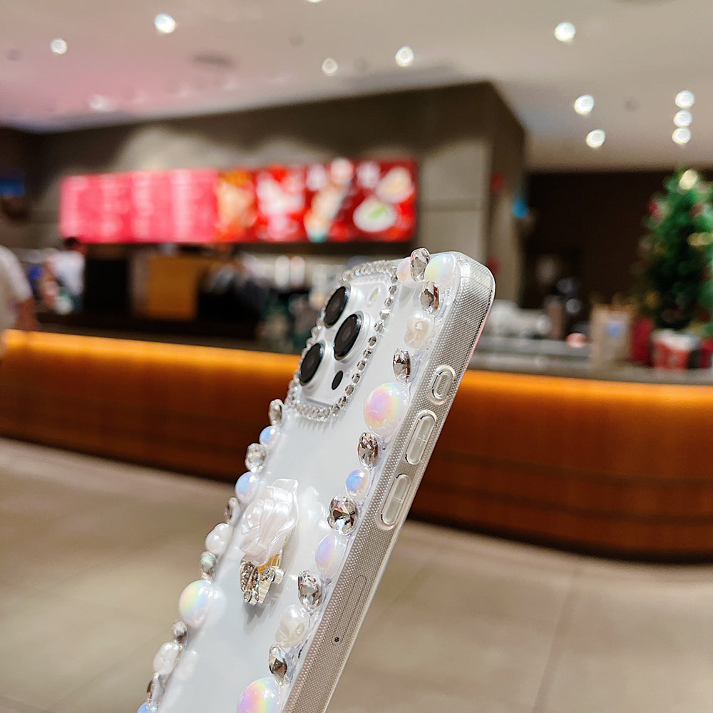 Rose Flower Bling Diamond and Pearl Border Transparent Phone Case