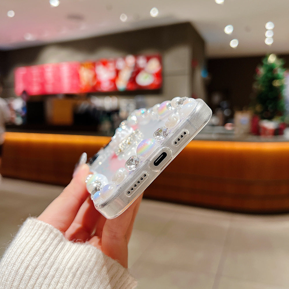 Rose Flower Bling Diamond and Pearl Border Transparent Phone Case