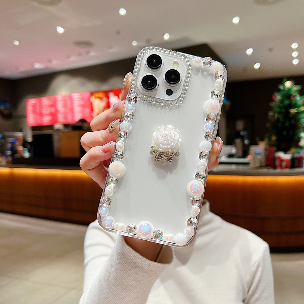Rose Flower Bling Diamond and Pearl Border Transparent Phone Case