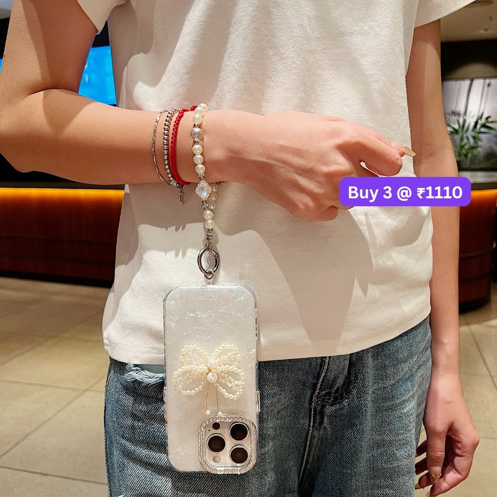 Shining Colorful Clear Pearl Butterfly Phone Case | Mobile Case with Bracelet - iPhone 15 Plus