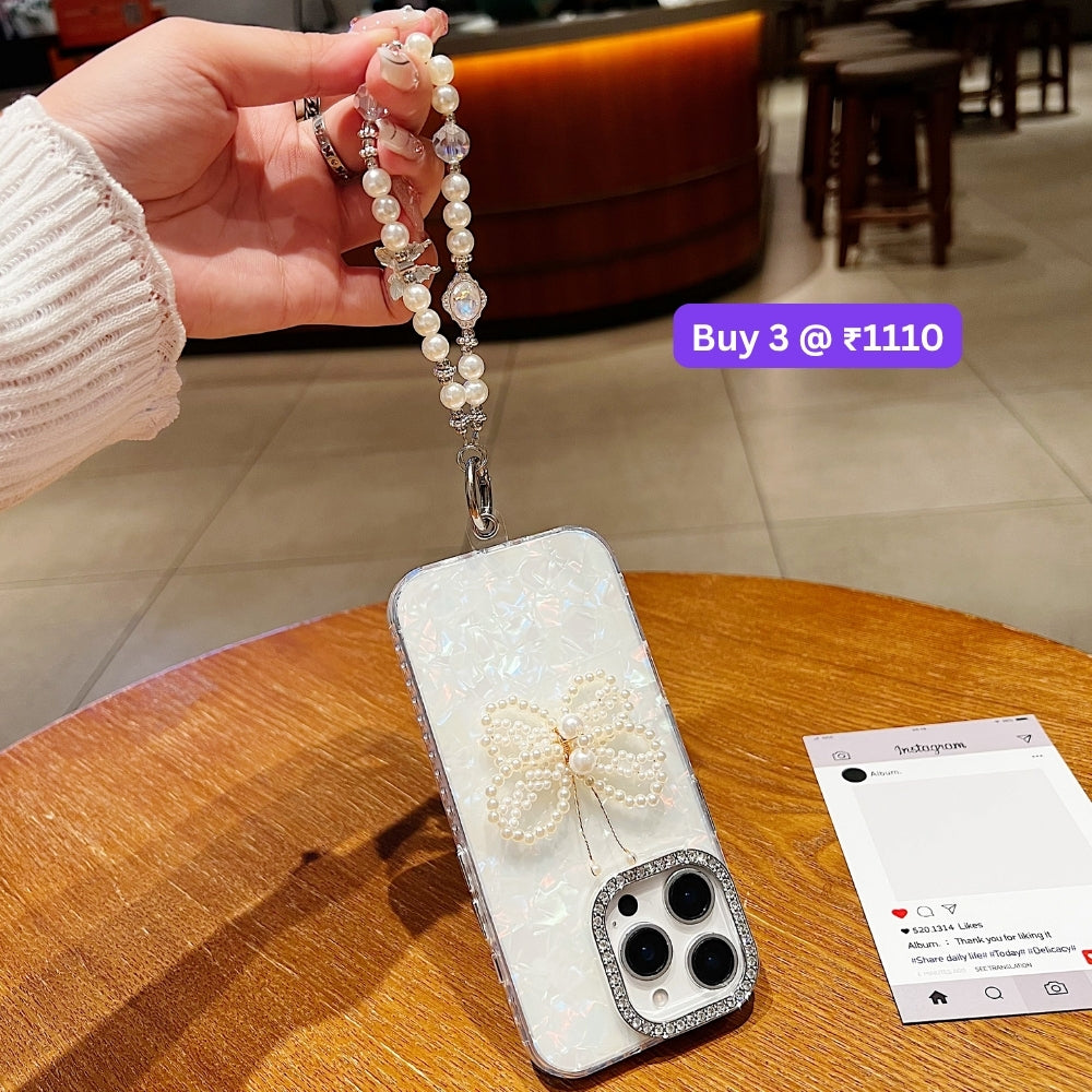 Shining Colorful Clear Pearl Butterfly Phone Case | Mobile Case with Bracelet - iPhone 15 Plus