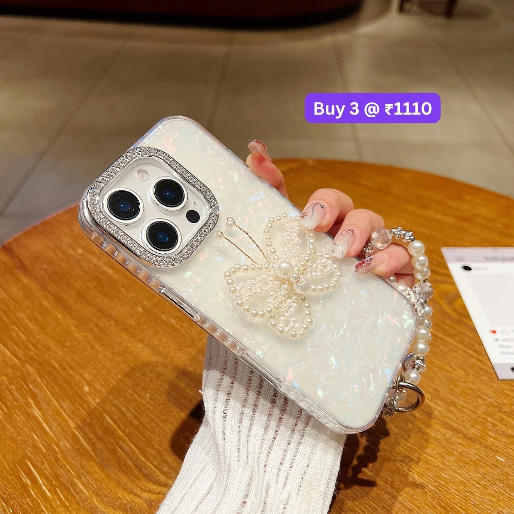 Shining Colorful Clear Pearl Butterfly Phone Case | Mobile Case with Bracelet - iPhone 15 Plus