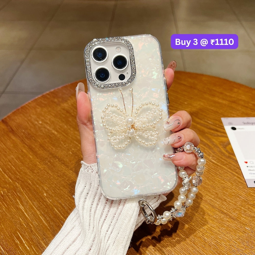Shining Colorful Clear Pearl Butterfly Phone Case | Mobile Case with Bracelet - iPhone 15 Plus