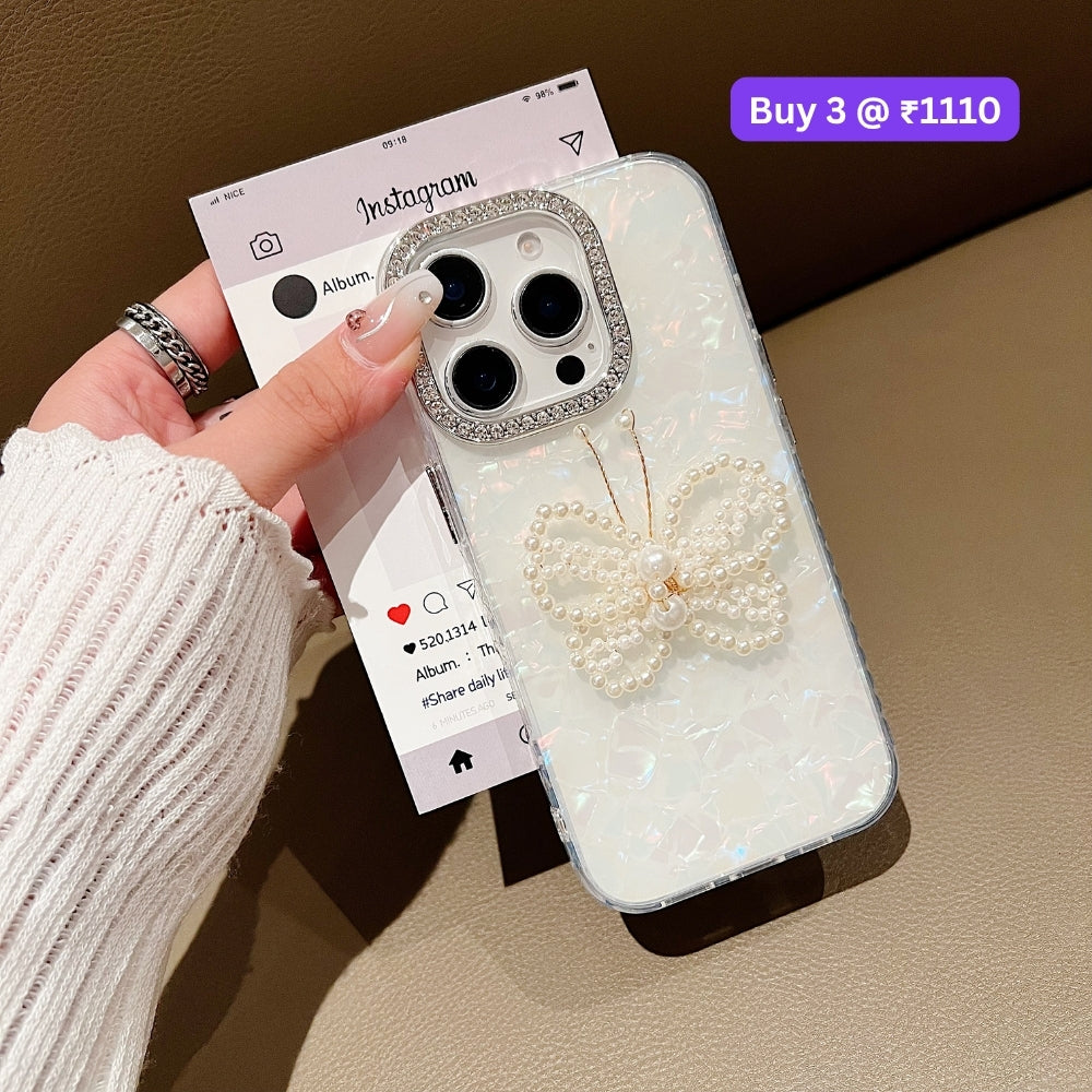 Shining Colorful Clear Pearl Butterfly Phone Case | Mobile Case with Bracelet - iPhone 15 Plus