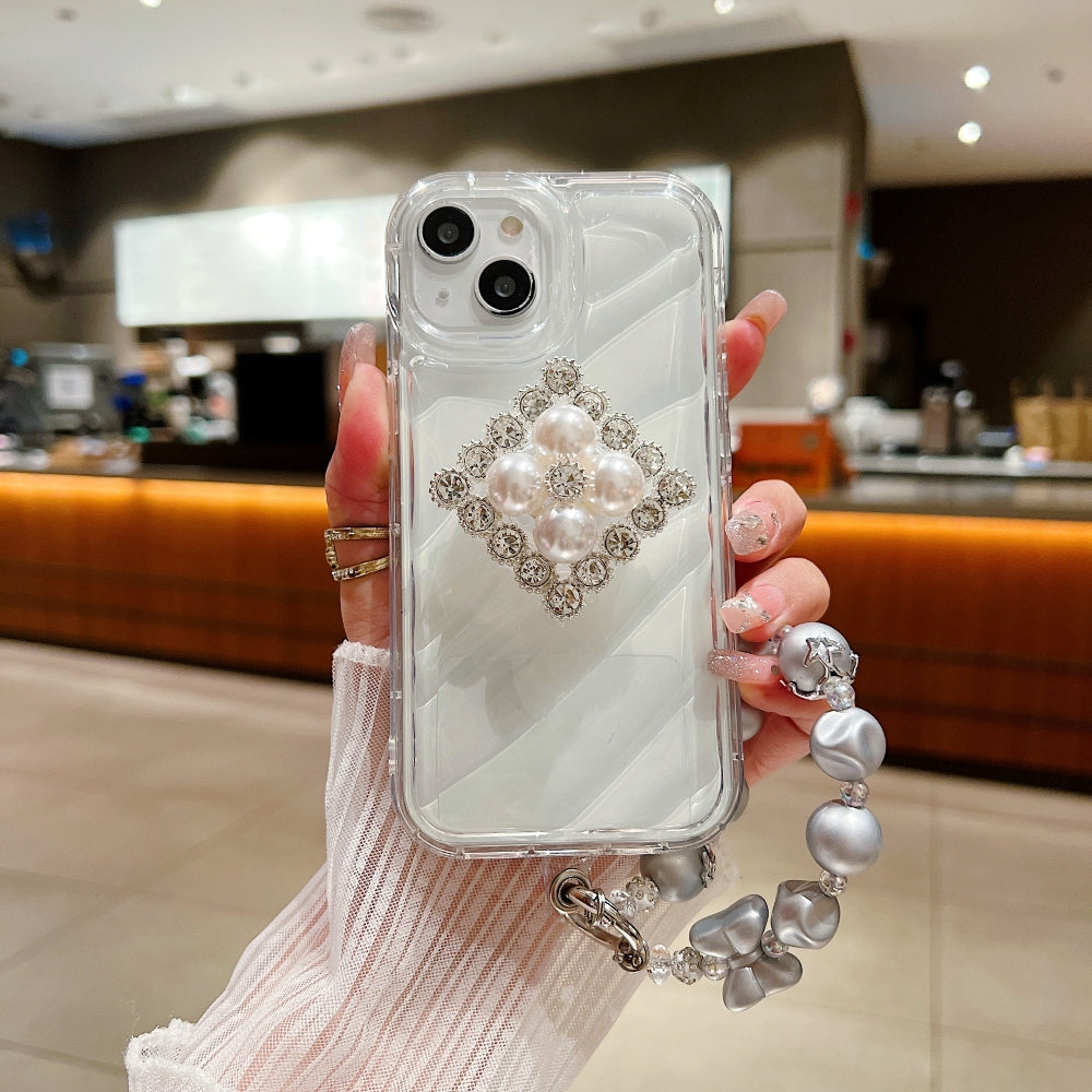 Silver Wrinkles Transparent Phone Case With Beads Bracelet And Pearl Holder - iPhone 14