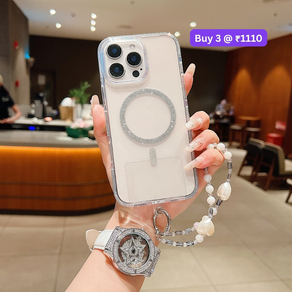 Solid Color Glitter Magsafe Transparent Phone Case | Mobile Cover with Random Bracelet - iPhone 13