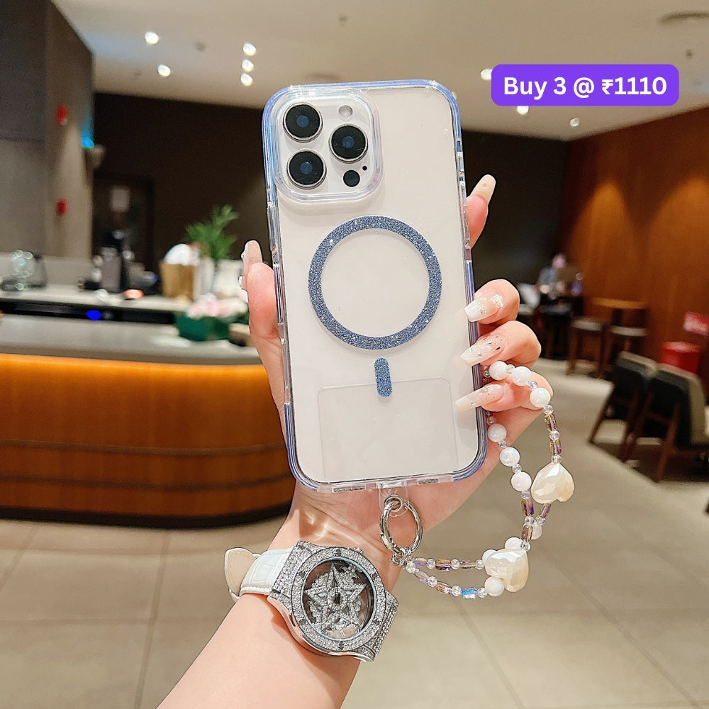 Solid Color Glitter Magsafe Transparent Phone Case | Mobile Cover with Random Bracelet - iPhone 13