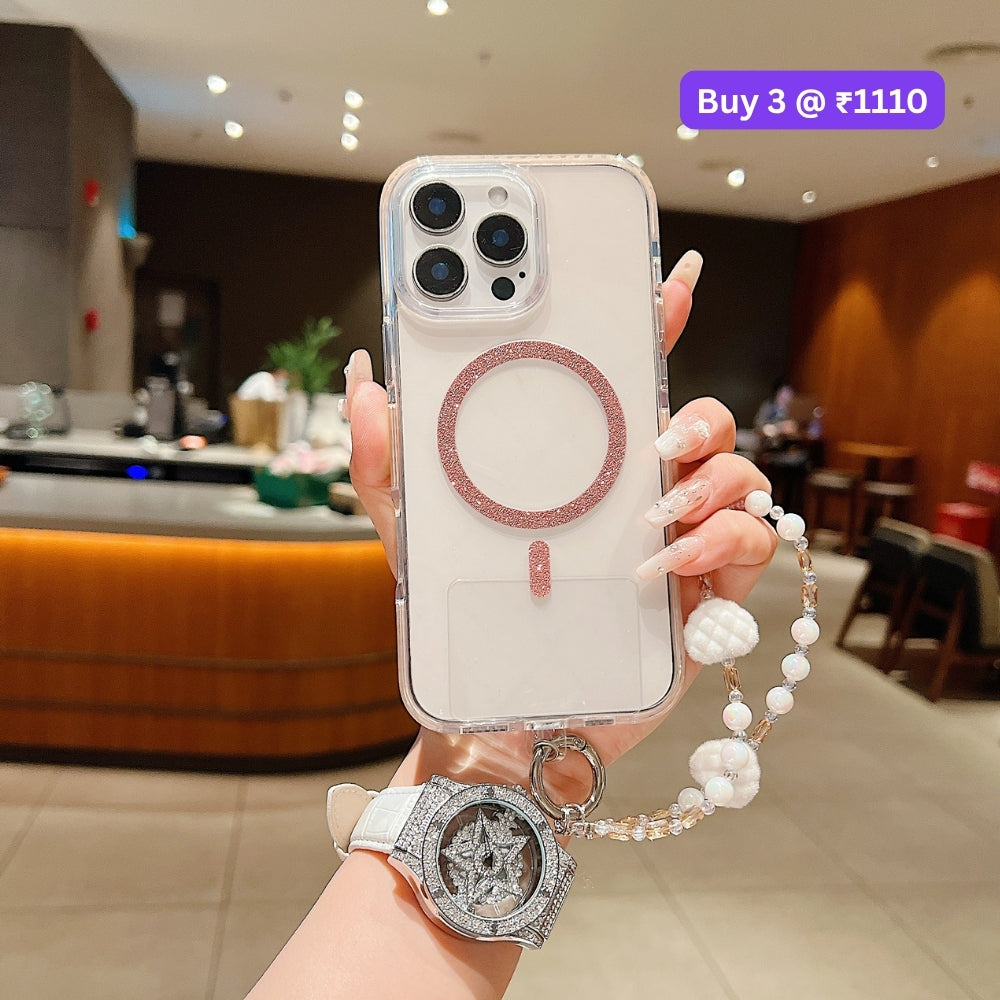 Solid Color Glitter Magsafe Transparent Phone Case | Mobile Cover with Random Bracelet - iPhone 13