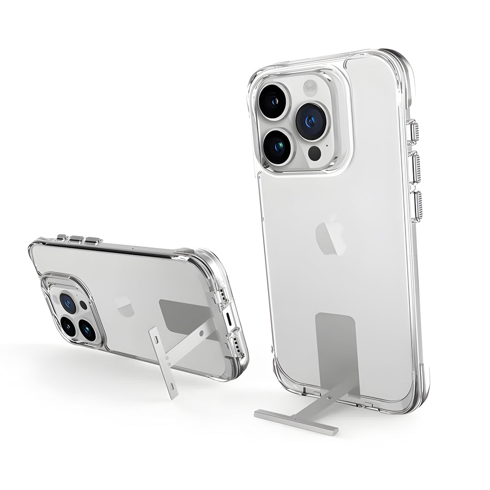 Crystal Clear Transperent Anti-Scratch Metal Kickstand Case - iPhone 15 Pro Max