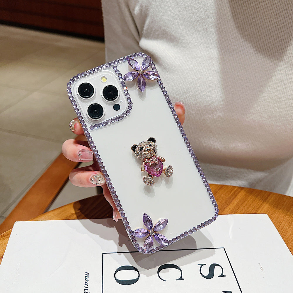 Crystal Stone Bear Heart Bling Flower Transparent Phone Case - iPhone 15 Pro Max