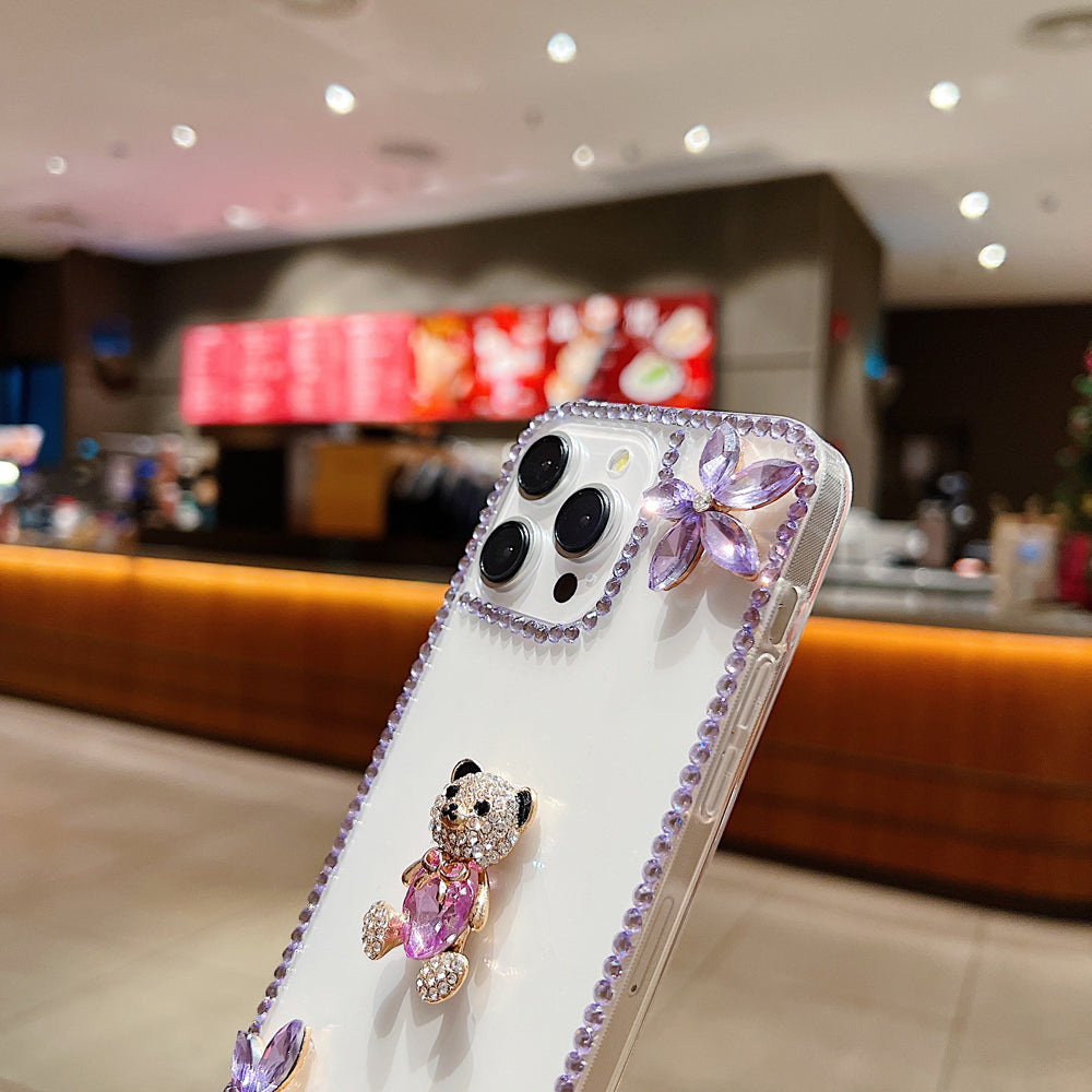 Crystal Stone Bear Heart Bling Flower Transparent Phone Case - Samsung S23 Ultra