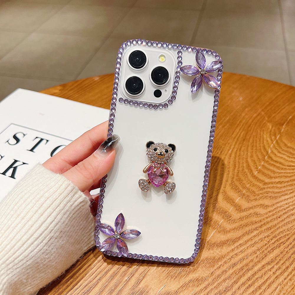 Crystal Stone Bear Heart Bling Flower Transparent Phone Case - iPhone 15 Pro Max