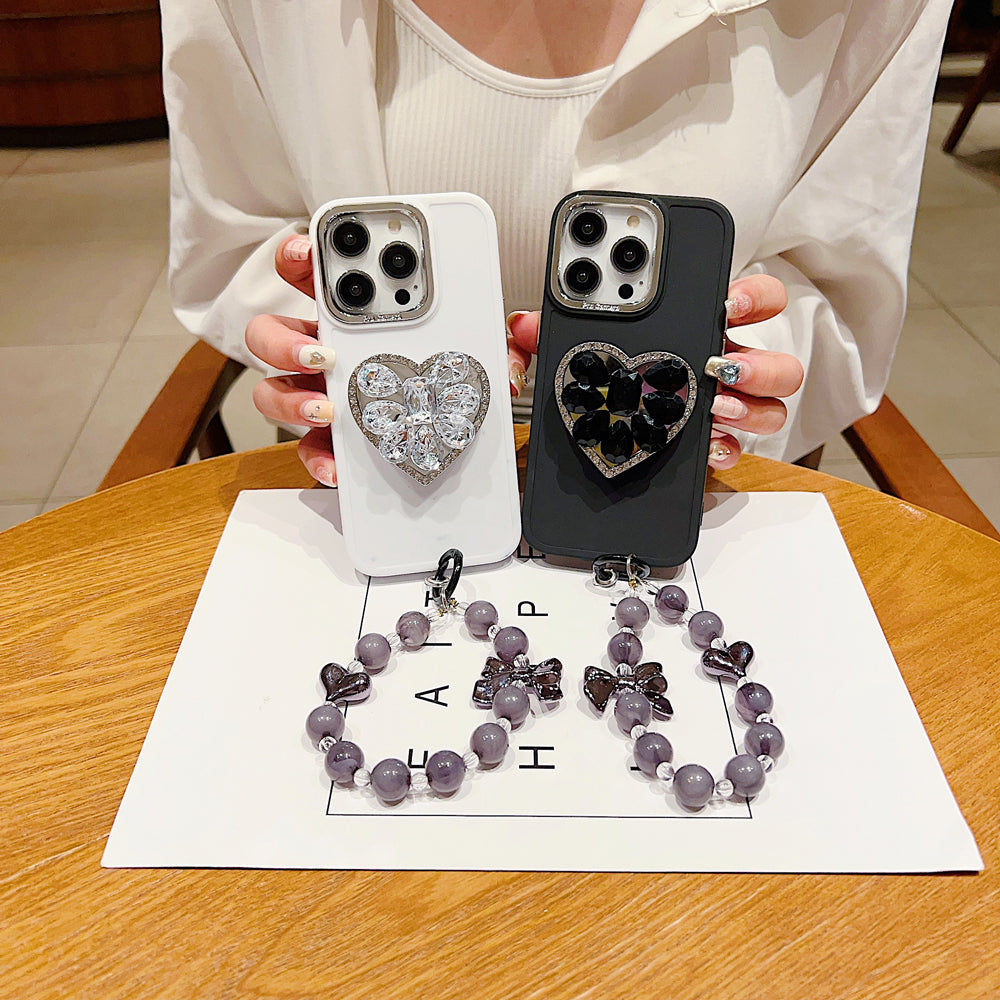 Stone Heart Shape Pop Grip Silicone Soft Phone Cover with Bracelet - iPhone 15 Pro Max