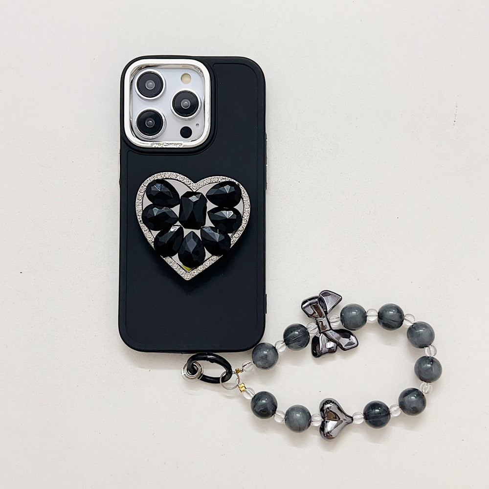 Stone Heart Shape Pop Grip Silicone Soft Phone Cover with Bracelet - iPhone 15 Pro Max