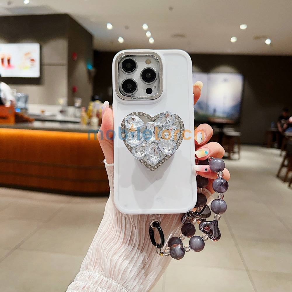 Stone Heart Shape Stand Silicone Soft Phone Case with Bracelet - iPhone 15 Pro Max