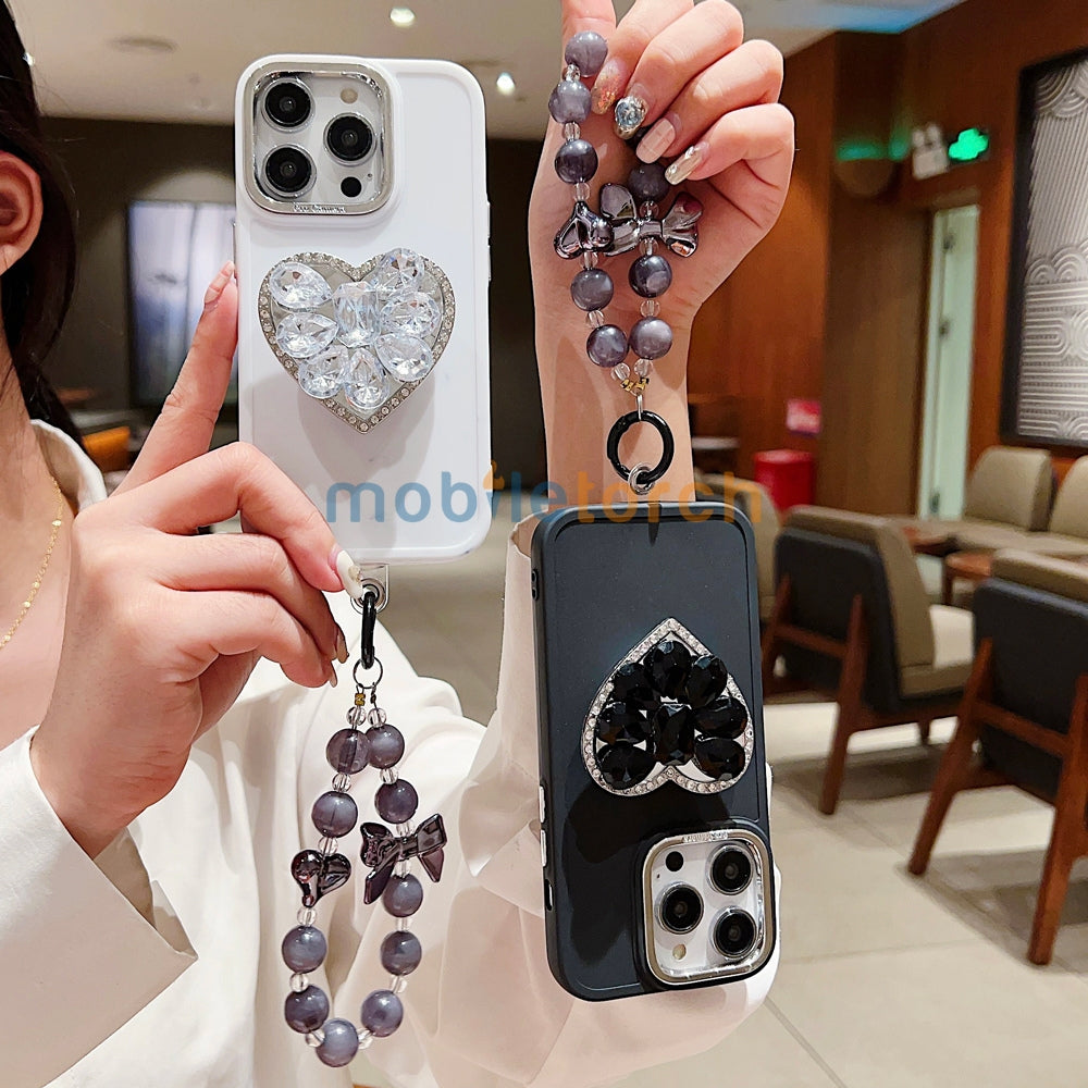 Stone Heart Shape Stand Silicone Soft Phone Case with Bracelet - iPhone 15 Pro Max