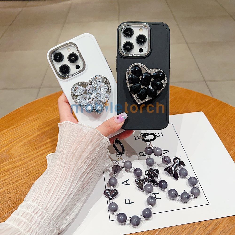 Stone Heart Shape Stand Silicone Soft Phone Case with Bracelet - iPhone 15 Pro Max