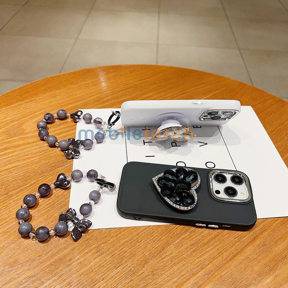 Stone Heart Shape Stand Silicone Soft Phone Case with Bracelet - iPhone 15 Pro Max