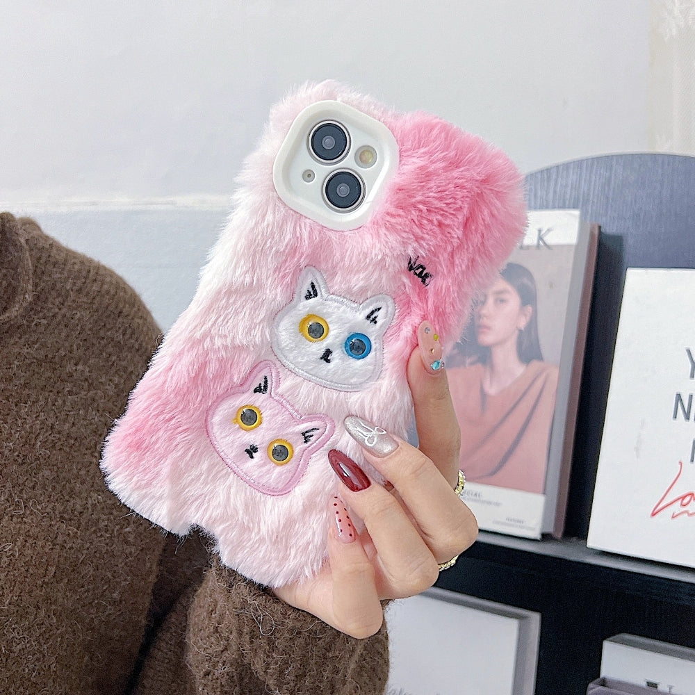 Warm Fluffy Furry Cat Embroided Camera Protection Phone Case - iPhone 15 Pro