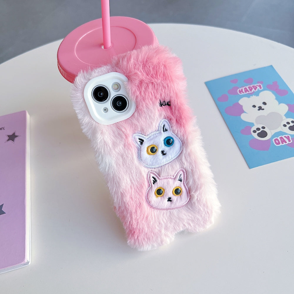 Warm Fluffy Furry Cat Embroided Camera Protection Phone Case - iPhone 15 Pro