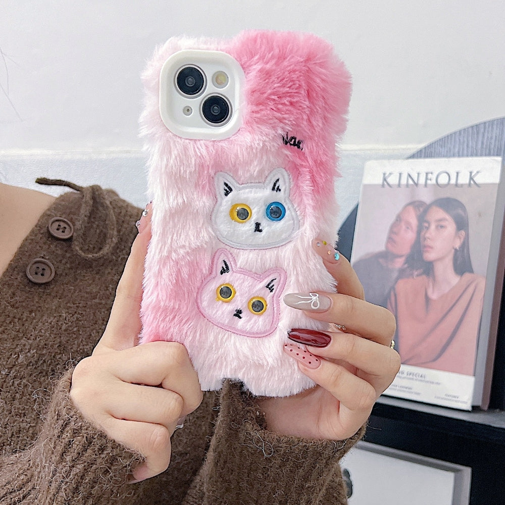 Warm Fluffy Furry Cat Embroided Camera Protection Phone Case - iPhone 15 Pro
