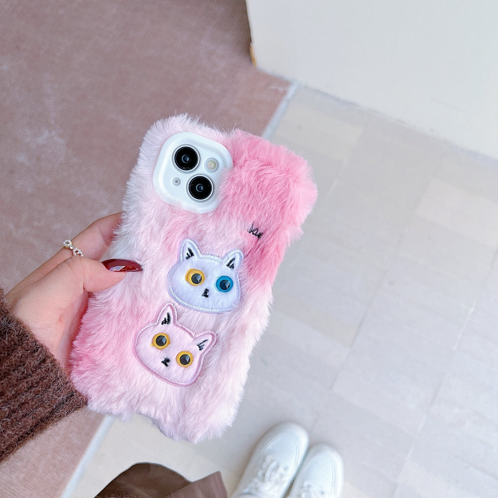 Warm Fluffy Furry Cat Embroided Camera Protection Phone Case - iPhone 15 Pro