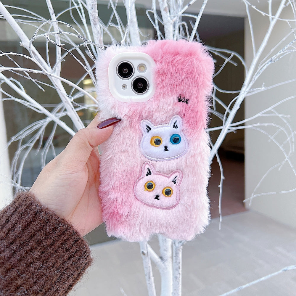 Warm Fluffy Furry Cat Embroided Camera Protection Phone Case - iPhone 15 Pro