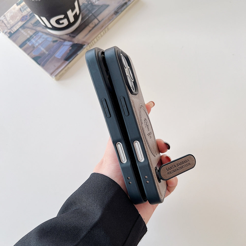 Wireless Charging PU Leather Rugged Kickstand Phone Case - iPhone 15