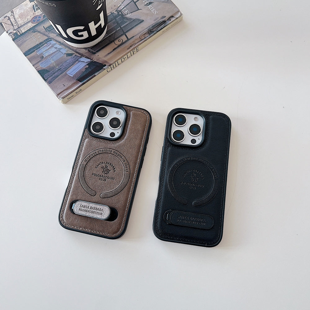 Wireless Charging PU Leather Rugged Kickstand Phone Case - iPhone 15