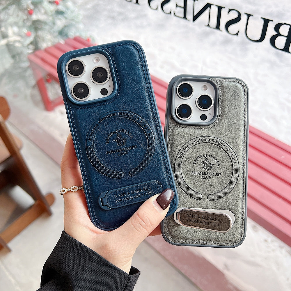 Wireless Charging PU Leather Rugged Kickstand Phone Case - iPhone 15